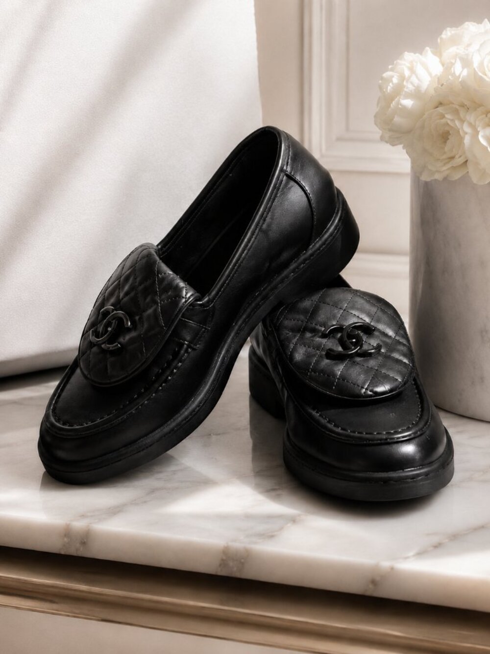 Black Quilted Loafers Chunky Sole Slip-On Shoes Women’s Size 37